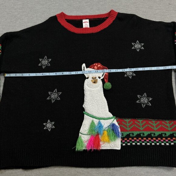 Holiday Time Womens Black Llama Christmas Sweater Hat Tassel Embellished Size XL - Picture 10 of 15